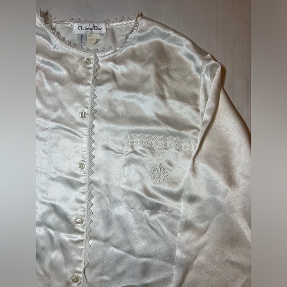 VTG CHRISTIAN DIOR Satin Button Down Top Saks Fit Embroidered Pajama Women's L - Picture 1 of 11